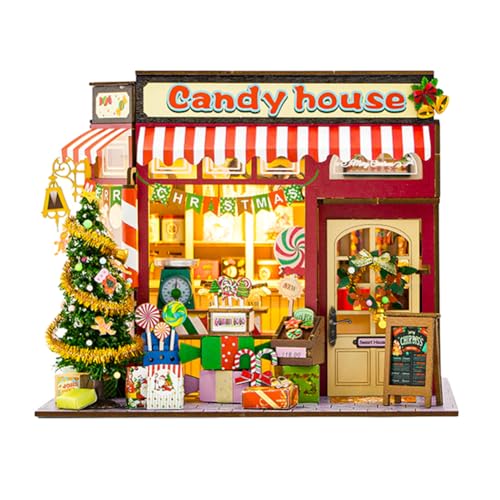 DIY-Puppenhäuser, Miniaturhaus-Bausatz für Erwachsene mit LED-Beleuchtung, 3D-Zimmerpuzzle & Buchstütze – Kreativset zur Regaldekoration-Weihnachts-Konfektstube (Mit Staubschutz) von ELPHNUTSEY
