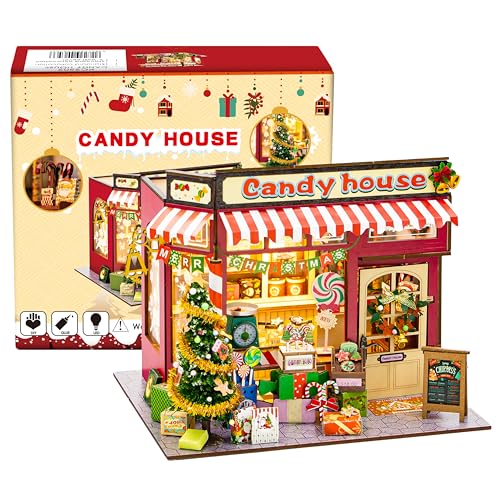 DIY-Puppenhäuser, Miniaturhaus-Bausatz für Erwachsene mit LED-Beleuchtung, 3D-Zimmerpuzzle & Buchstütze – Kreativset zur Regaldekoration-Weihnachts-Konfektstube (Ohne Staubschutz) von ELPHNUTSEY