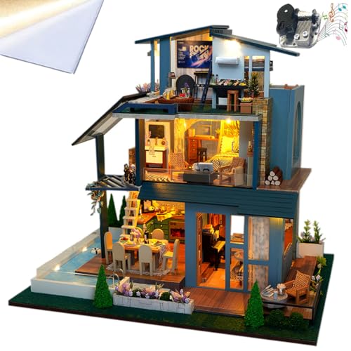 DIY-Puppenhäuser, Miniaturhaus-Bausatz für Erwachsene mit LED-Beleuchtung, Offenes amerikanisches dreistöckiges Einfamilienhaus 3D-Zimmerpuzzle & Buchstütze (Mit Staubschutzabdeckung) von ELPHNUTSEY