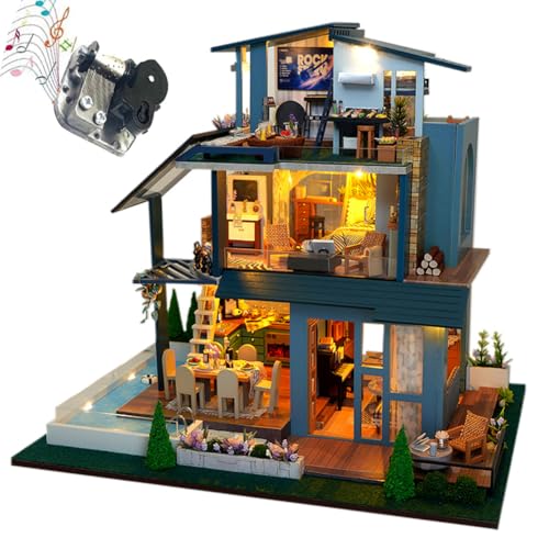 DIY-Puppenhäuser, Miniaturhaus-Bausatz für Erwachsene mit LED-Beleuchtung, Offenes amerikanisches dreistöckiges Einfamilienhaus 3D-Zimmerpuzzle & Buchstütze (Ohne Staubschutzabdeckung) von ELPHNUTSEY
