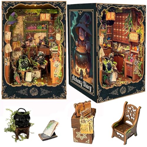 DIY Puppenhaus Buchnische Dekor,DIY Buchnischen-Einsatz Set,3D Holzpuzzle-Buchnische mit LED-Beleuchtung,Holz-Bucheinsatz Modellbau für Buchstützen (SQ-43) von ELPHNUTSEY