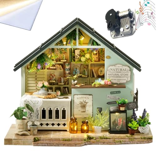 Kleines Haus Set zum Selbermachen, kreatives Zubehör für Puppenhaus, 3D-Holzpuzzle, grünes Pflanzenstudio, Mini mit LED-Leuchten und Möbeln Kleines Haus Set zum Selbermachen, kreatives Zubehör für Puppenhaus, 3D-Holzpuzzle, grünes Pflanzenstudio, Mini mit LED-Leuchten und Möbeln von ELPHNUTSEY