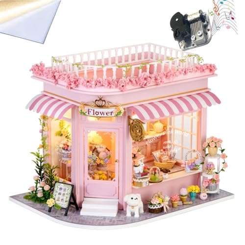 Kleines Haus zum Selbermachen, kreatives Zubehör für Puppenhäuser, Holz-Puzzle, 3D, Mini mit LED-Leuchten und Möbeln Liebende und Freunde (Bunte Blumen) von ELPHNUTSEY
