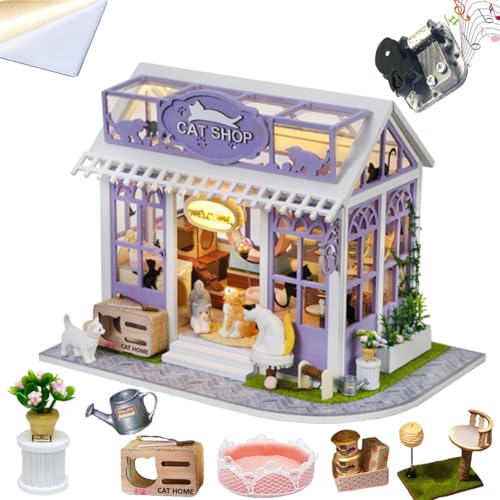 Kleines Haus zum Selbermachen, kreatives Zubehör für Puppenhäuser, Holz-Puzzle, 3D, Mini mit LED-Leuchten und Möbeln Liebende und Freunde (Katzenparadies) von ELPHNUTSEY