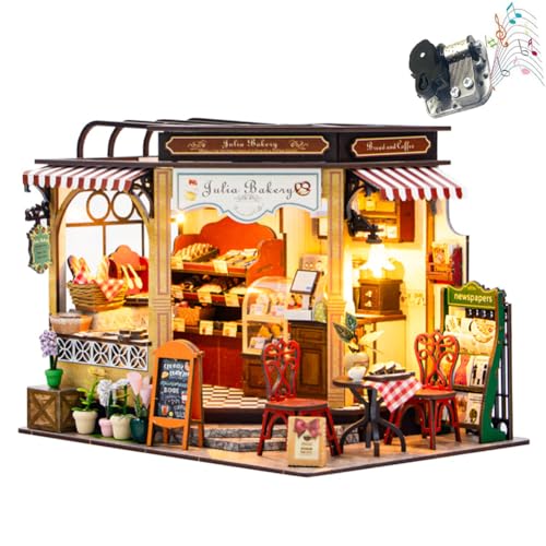 Kleines Haus zum Selbermachen, kreatives Zubehör für Puppenhaus, Puzzle aus Holz, 3D, Bäckerei, Mini mit LED-Lichtern und Möbeln (ohne Staubdeckel) von ELPHNUTSEY