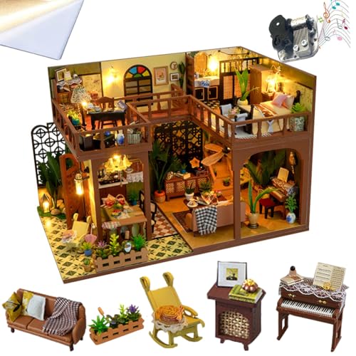 Kleines Haus zum Selbermachen, kreatives Zubehör für Puppenhaus, Puzzle aus Holz, 3D, Mini mit LED-Leuchten und Möbeln Kleines Haus zum Selbermachen, kreatives Zubehör für Puppenhaus, Puzzle aus Holz, 3D, Mini mit LED-Leuchten und Möbeln von ELPHNUTSEY