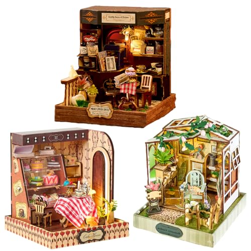 Mini 3D-Holzpuppenhaus-Bausatz mit Möbeln – Staubschutzabdeckung und integrierter LED-Beleuchtung. Ideales kreatives Geschenk für Geburtstage oder Elegante Innendekoration (3PCS) von ELPHNUTSEY