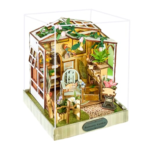 Mini 3D-Holzpuppenhaus-Bausatz mit Möbeln – Staubschutzabdeckung und integrierter LED-Beleuchtung. Ideales kreatives Geschenk für Geburtstage oder Elegante Innendekoration (Blumenzeit) von ELPHNUTSEY