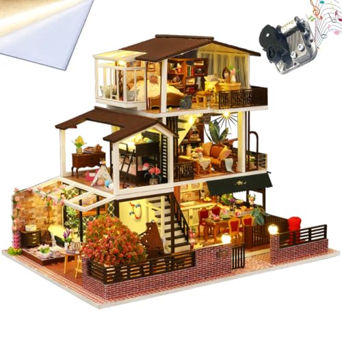 Miniatur-Puppenhaus-Bausatz aus Holz, DIY-Puppenhaus-Set mit LED-Beleuchtung und Musikspielwerk Modell Einer europäischen Vintage-Villa, 3D-Konstruktion (mit Staubschutzhaube) von ELPHNUTSEY