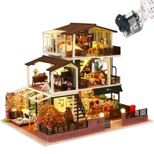 Miniatur-Puppenhaus-Bausatz aus Holz, DIY-Puppenhaus-Set mit LED-Beleuchtung und Musikspielwerk Modell Einer europäischen Vintage-Villa, 3D-Konstruktion (ohne Staubschutzhaube) von ELPHNUTSEY
