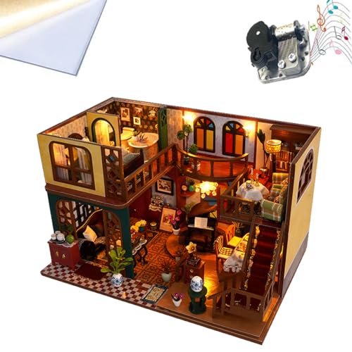 Miniaturhaus-Set zum Selbermachen, kreatives Zimmer, Puppenhaus-Zubehör, inklusive Staubschutz und Musikbewegung, LED-Lichter, Möbel von ELPHNUTSEY