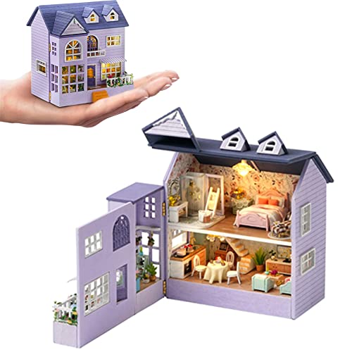 ELPHNUTSEY Puppenhaus DIY Miniatur-Holzmöbel-Set, Mini-Puppenhaus mit LED, Maßstab 1:24, kreatives Holzhandwerk, Spielzeug für Erwachsene, Freunde, Liebhaber, Geburtstagsgeschenk (Happy House) von ELPHNUTSEY