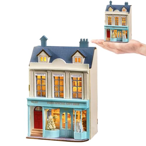 Puppenhaus DIY Miniatur-Holzmöbel-Set, handgefertigtes Mini-Puppenhaus mit LED, Maßstab 1:24, kreatives Holzhandwerk-Spielzeug für Erwachsene, Freunde, Liebhaber, Geburtstagsgeschenk (Geschenkladen) von ELPHNUTSEY