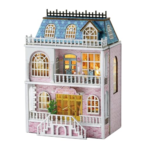 ELPHNUTSEY Puppenhaus DIY Miniatur-Holzmöbel-Set, handgefertigtes Mini-Puppenhaus mit LED, Maßstab 1:24, kreatives Holzhandwerk-Spielzeug für Erwachsene, Freunde, Liebhaber, Geburtstagsgeschenk von ELPHNUTSEY