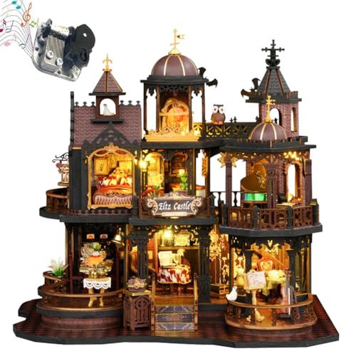 europäischer Burgenstil Holzpuppenhaus-Bausatz, DIY-Puppenhaus, kreatives Set zur Regaldekoration, 3D-Modell, kreative Geschenke für Freunde und Verwandte (ohne Staubschutzhaube) von ELPHNUTSEY