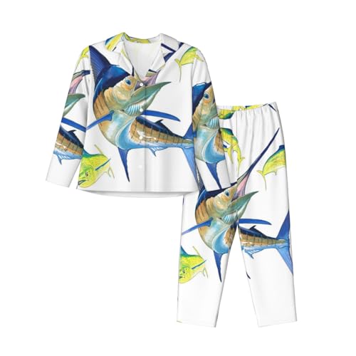 ELRoal Damen-Pyjama, Fisch-Kunstdruck, Nachthemd, langärmelig, Set für Zuhause von ELRoal