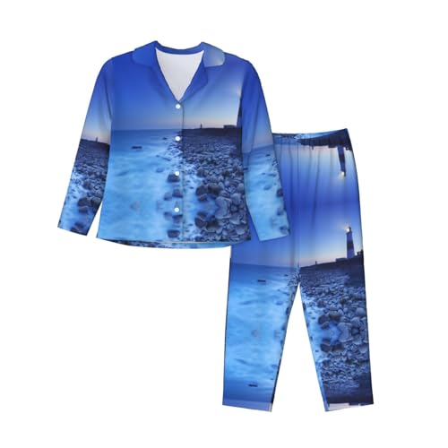 ELRoal Damen-Pyjama, Motiv: Leuchtturm am Meer, langärmelig, Heimkleidung von ELRoal