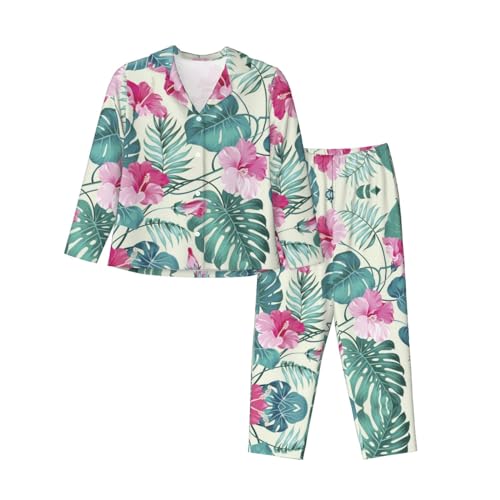 ELRoal Damen-Pyjama, Palmenblatt-Druck, Nachthemd, langärmelig, Set für Zuhause von ELRoal