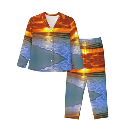 ELRoal Damen-Pyjama, Strandkleid mit Sonnenuntergang-Druck, langärmeliges Set, Heimkleidung von ELRoal
