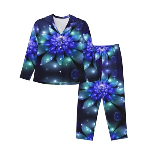 ELRoal Damen-Pyjama, blaues Blumendruck, Nachthemd, langärmelig, Set für Zuhause von ELRoal
