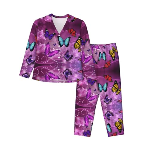 ELRoal Damen-Pyjama, lila, Schmetterlings-Druck, Nachthemd, langärmelig, Set für Zuhause von ELRoal
