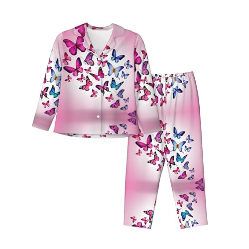 ELRoal Damen-Pyjama, rosa Schmetterlinge, bedruckt, langärmelig, Set für Zuhause von ELRoal