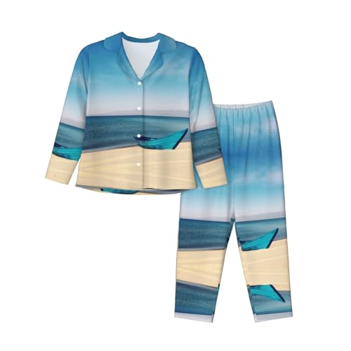 ELRoal Damen-Schlafanzug, Boot- und Meeresdruck, langärmelig, Heimkleidung von ELRoal