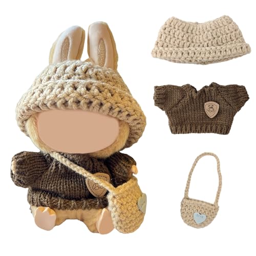 3 Stück Puppe Kleidung Set für 17cm Plüsch Kuscheltier - Doll Clothes Outfits & Accessories Set with Hat + Sweater + Crossbody Bag, Nur Puppenbekleidung (Braun) von ELYSORA