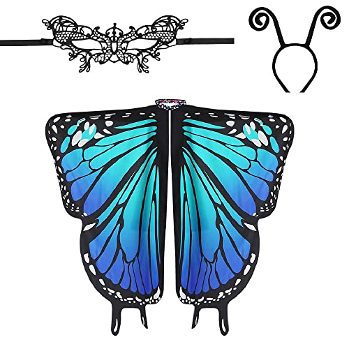 EMAGEREN Damen Schmetterling Kostüm Schmetterlingsflügel Faschingkostüme Schmetterling Kostüm Schal Poncho mit Damen Spitze Maske, Bug stirnband für Party Weihnachten Kostüm Cosplay (168 * 138cm) von EMAGEREN