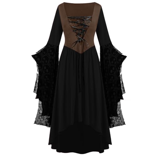 EMATOP Halloween Kleidung Damen Lang Mittelalter Kleid Karneval Renaissance Kleider Hohe Taille Gothic Kostüm mit Trompetenärmel Ballkleid Retro Elegant Maxikleid Bodenlanges Abendkleid von EMATOP