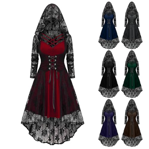 EMATOP Halloween Kostüm Damen Karneval Cosplay Mittelalter Kleid Vintage Spitzen Abendkleid mit Kapuze Mittelalterkleid Hohe Taille Midikleid Elegant Renaissance Gothic Kleider für Festliche von EMATOP