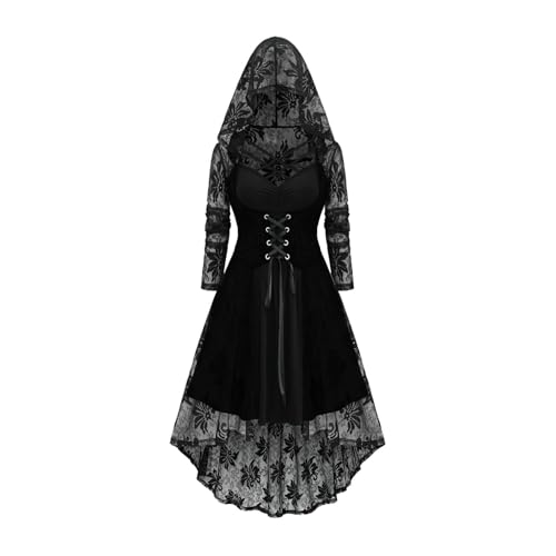 EMATOP Halloween Kostüm Damen Karneval Cosplay Mittelalter Kleid Vintage Spitzen Abendkleid mit Kapuze Mittelalterkleid Hohe Taille Midikleid Elegant Renaissance Gothic Kleider für Festliche von EMATOP