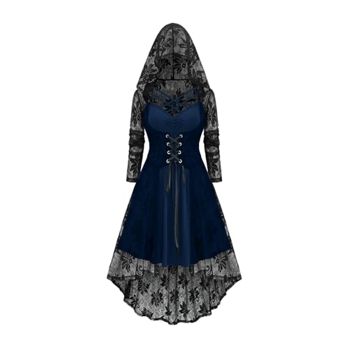 EMATOP Halloween Kostüm Damen Karneval Cosplay Mittelalter Kleid Vintage Spitzen Abendkleid mit Kapuze Mittelalterkleid Hohe Taille Midikleid Elegant Renaissance Gothic Kleider für Festliche von EMATOP
