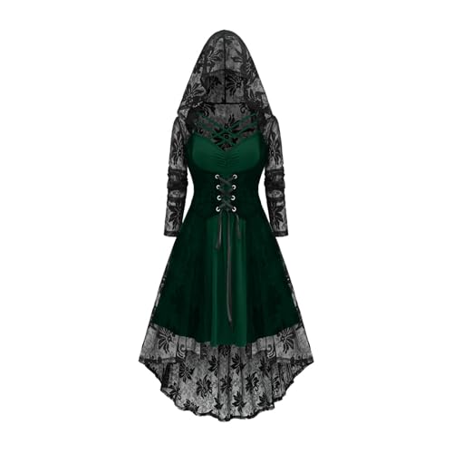 EMATOP Halloween Kostüm Damen Karneval Cosplay Mittelalter Kleid Vintage Spitzen Abendkleid mit Kapuze Mittelalterkleid Hohe Taille Midikleid Elegant Renaissance Gothic Kleider für Festliche von EMATOP