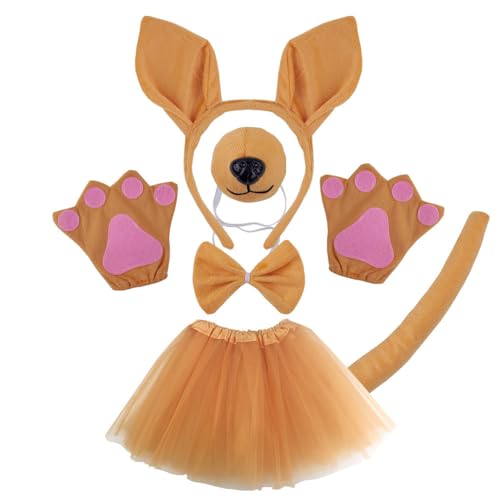 EMEISAN Gelbes Känguru-Kostüm-Set, Ohren, Stirnband, Nasenschwanz, Fliege, Pfoten, Tutu, Rock, Tier, Cosplay, Outfit, Mottoparty (mit Tutu-Rock) von EMEISAN
