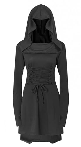 EMLOHSOL Gothic Kleid Damen,Kapuze Kleid für Karneval,Mittelalter Kleidung Damen,Retro Gothic Cosplay (Schwarz, M) von EMLOHSOL