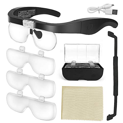 E-More Lupenbrille mit Licht Hände Frei Kopfband Lupen mit 2 LED Lichts für Hobby,Denest,Elektriker,Juweliere,Nähen,Handwerk,und ältere Menschen-4 Wechselobjektive (1.5X, 2.5X, 3.5X, 5X) von E-More