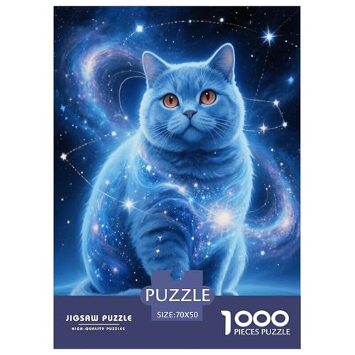 1000 Teile Blau Kurzhaar Puzzle Für Erwachsene Und Kinder Geschicklichkeitsspiel Katze Glitzernder Raum Puzzle Aus Karton Wohndekoration Einzigartiges Geschenk 70x50cm/1000pcs von EMYXPAQM