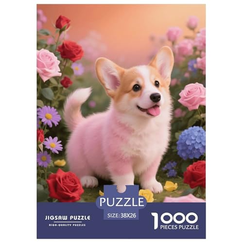 1000 Teile Corgi Welpe Puzzle – Für Erwachsene, Herausforderndes Knobelspiel, Rosa Rosenbusch Puzzles, Dekoration, Geschenk Für Erwachsene 38x26cm/1000pcs von EMYXPAQM