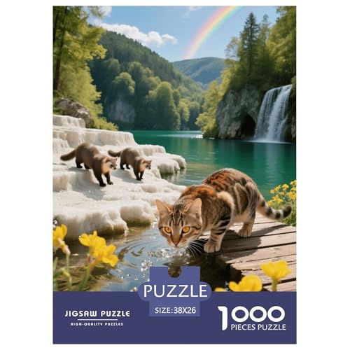 1000 Teile Europäisch Kurzhaar Puzzle – Für Erwachsene, Familienspaß & Lernspielzeug, Katze Wald Wasserfall Puzzle, Dekoration, Einzigartiges Geschenk 38x26cm/1000pcs von EMYXPAQM