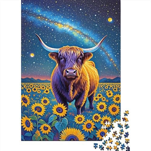 1000 Teile Hochlandrind Puzzle Für Erwachsene Und Kinder Holzpuzzle Familien Spiel Hochlandrinder Sonnenblumennebel Puzzle Wohndekoration Geschenk Für Erwachsene 1000pcs (75x50cm) von EMYXPAQM