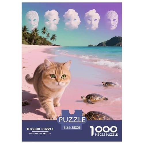 1000 Teile Munchkin Katze Puzzle – Für Erwachsene, Familienspaß & Lernspielzeug, Katze Rosa Strand Turtle Puzzle, Wohnkultur, Geschenk Zum Geburtstag 38x26cm/1000pcs von EMYXPAQM