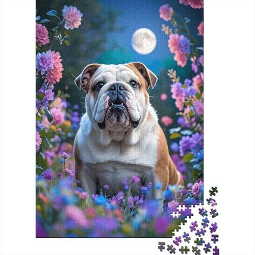 1000 Teile Puzzle Englische Bulldogge Blumen Mondschein Holz-Puzzle Für Jugendliche & Erwachsene - Klassische Herausforderung, Moderne Wohnkultur, Einzigartiges Geschenk 1000pcs (75x50cm) von EMYXPAQM