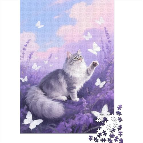 1000 Teile Puzzle Sibirische Katze Weißer Schmetterling Lila Holz-Puzzle Für Jugendliche & Erwachsene - Klassische Herausforderung, Wohnkultur, Geschenkideen 1000pcs (75x50cm) von EMYXPAQM