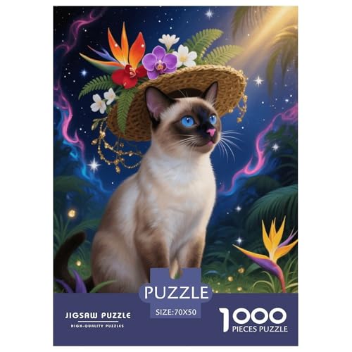 1000 Teile Siamkatze Puzzle – Für Erwachsene, Herausforderndes Knobelspiel, Blumen Strohhut Puzzles, Wohnkultur, Geschenk Für Kinder 70x50cm/1000pcs von EMYXPAQM