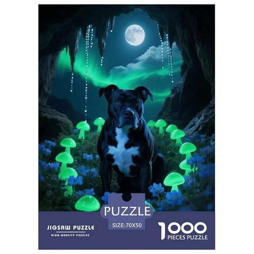 1000 Teile Staffordshire Bullterrier Puzzle – Für Erwachsene, Familienspaß & Lernspielzeug, Hund Mondlicht Blumen Puzzle, Wohnkultur, Geschenkideen 70x50cm/1000pcs von EMYXPAQM