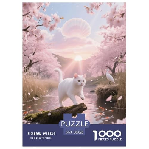 1000 Teile White Chartreux Katze Puzzle – Für Erwachsene, Herausforderndes Denkspiel, Kirschblüte Puzzle, DekoRatteion, Geschenk Für Erwachsene 38x26cm/1000pcs von EMYXPAQM