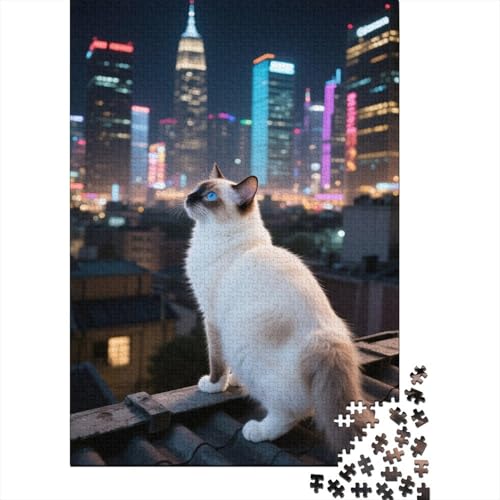 Birma-Katze Dachstadt Nacht Puzzle 1000 Teile Holzspielzeug, Erwachsene & Kinder Ab 14 Jahren, Klassische Puzzles, Legespiel, Home Dekoration, Geschenkideen 1000pcs (75x50cm) von EMYXPAQM