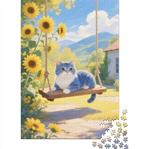 Blaue Katze Sonnenblumenschaukel Puzzle 1000 Teile Holzspielzeug, Erwachsene & Kinder Ab 14 Jahren, Klassische Puzzles, Legespiel, Home Dekoration, Geschenk 1000pcs (75x50cm) von EMYXPAQM