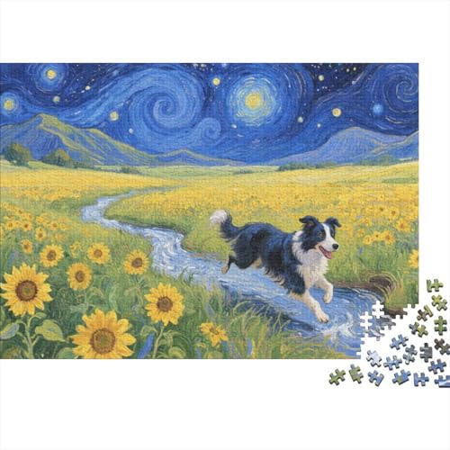 Border Collie Puzzle 1000 Teile Border Collie am Rand des Blumenmeeres, Für Kinder Classic Herausforderung Spielzeug Holzspielzeug Als Geschenk 1000pcs (75x50cm) von EMYXPAQM